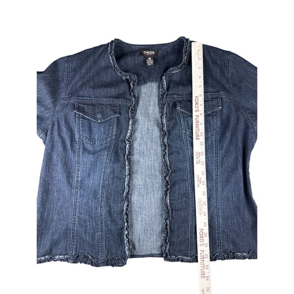 Chico’s Denim Jacket Size 2 Dark Wash Open Front Ruffle Trim Hem Casual Layering - Picture 6 of 11